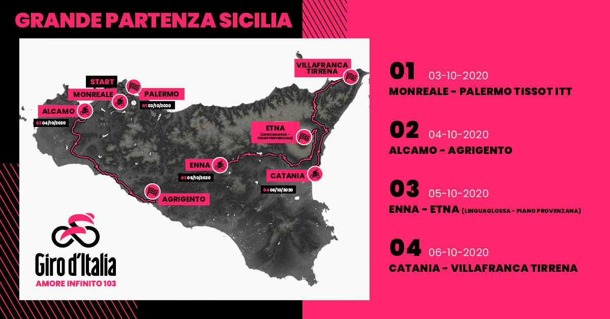 Mappa della Grande Partenza dalla Sicilia del Giro 2020